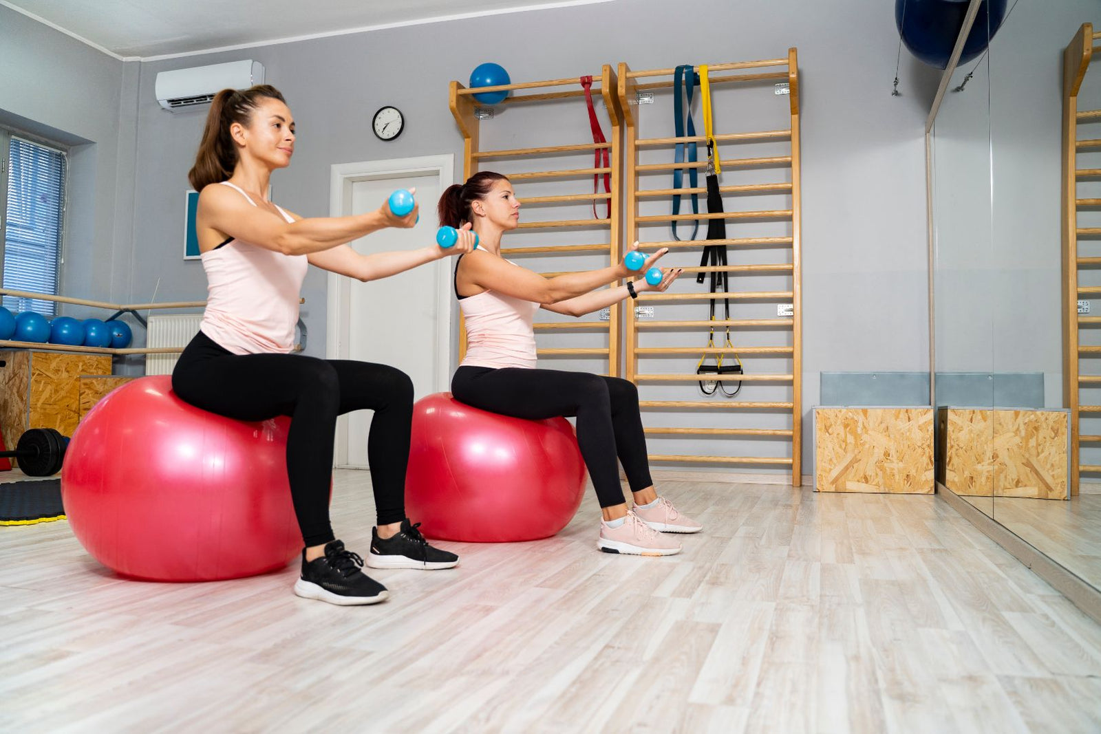 Two women in fitness gear sitting on balance balls and holding hand weights. Stall bars and other equipment are behind them.