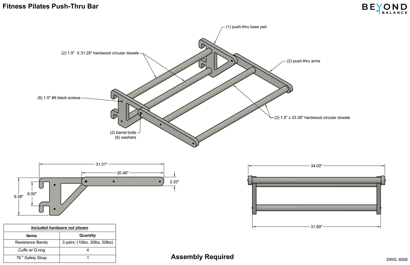 Pilates Push-Thru Bar Accessory for Stall Bars